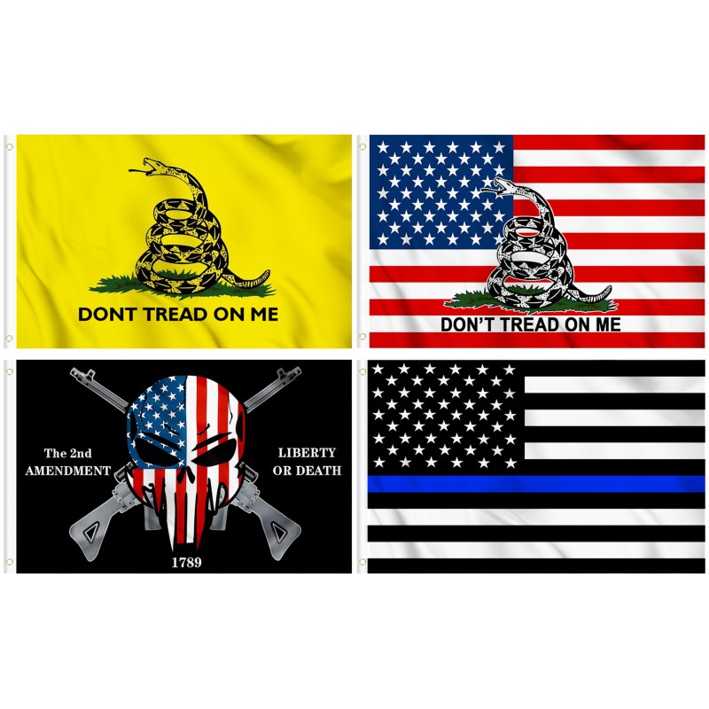 KENPMA 4-Piece 3x5 ft Flag Set - Gadsden, Liberty or Death, Thin Blue Line, Don't Tread On Me